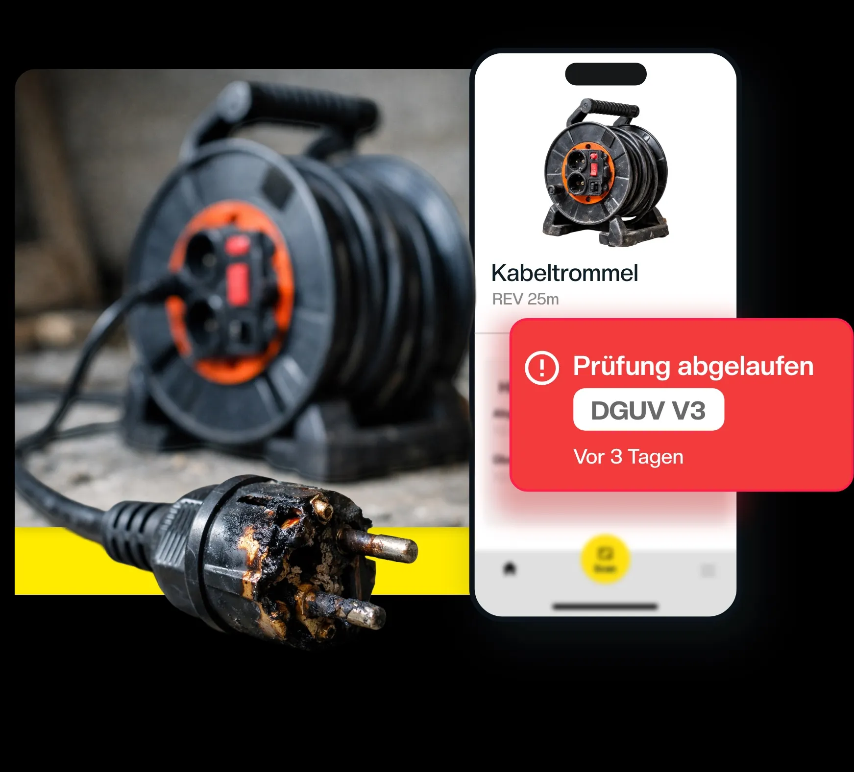 Eine Kabeltrommel mit einem verrostetem Stecker. Daneben ein Pop-Up wo drauf steht "Prüfung abgelaufen".