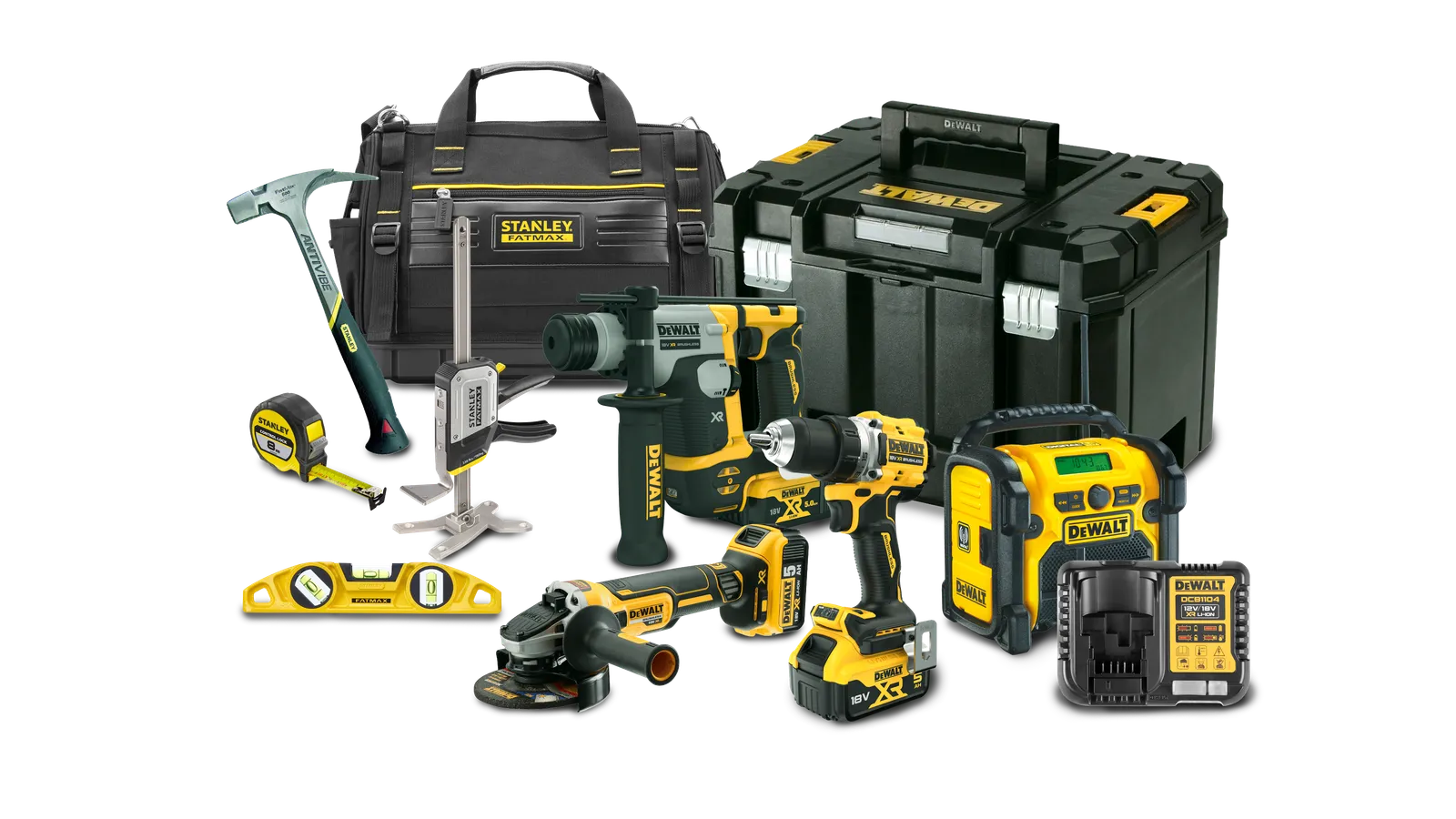 Verschiedene Akkuwerkzeuge von Dewalt, darunter Akkuschrauber, Flex  und ein Radio.
